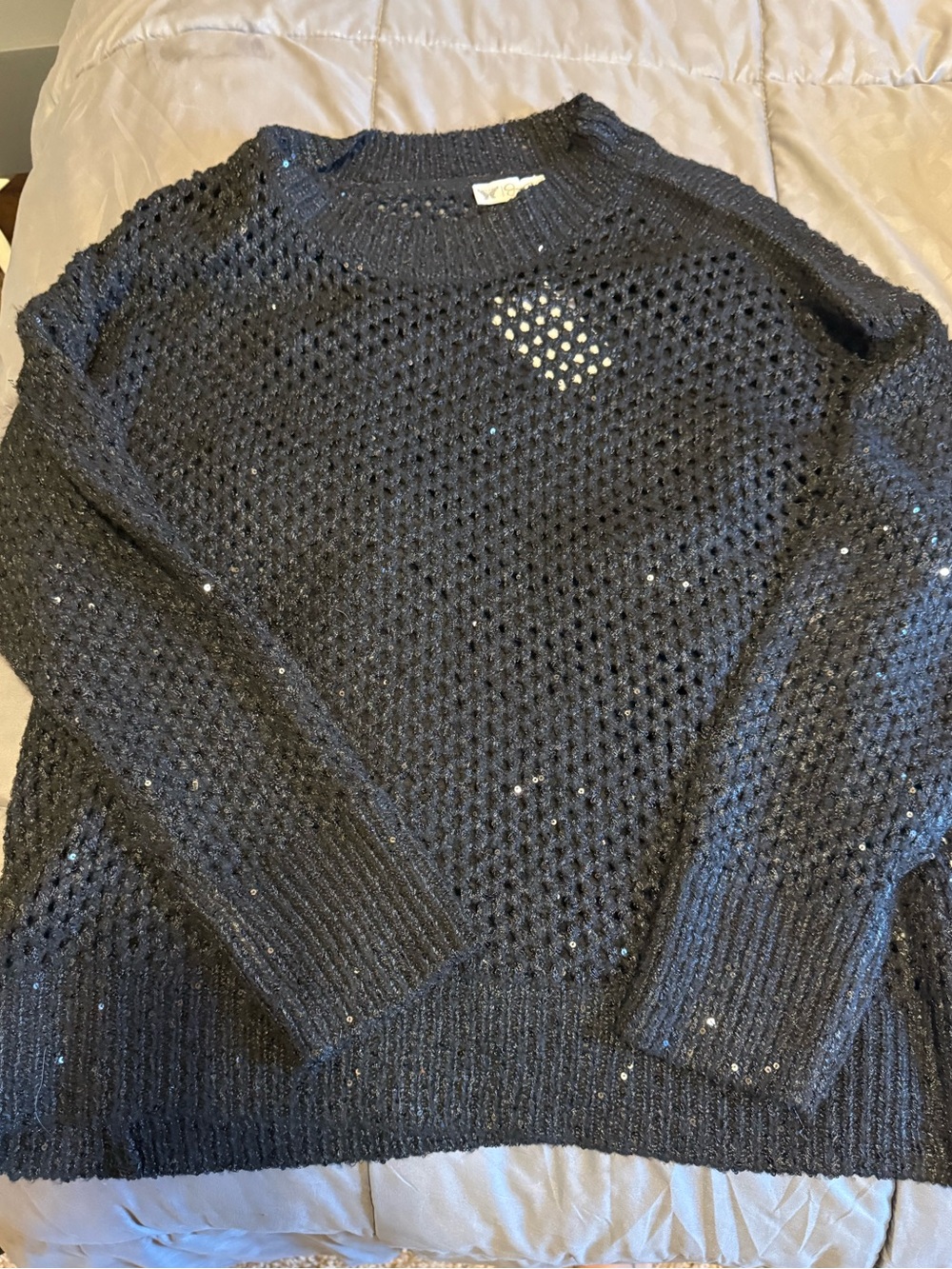 Jessica Simpson Black Open-Knit Crewneck Sweater with Sparkle